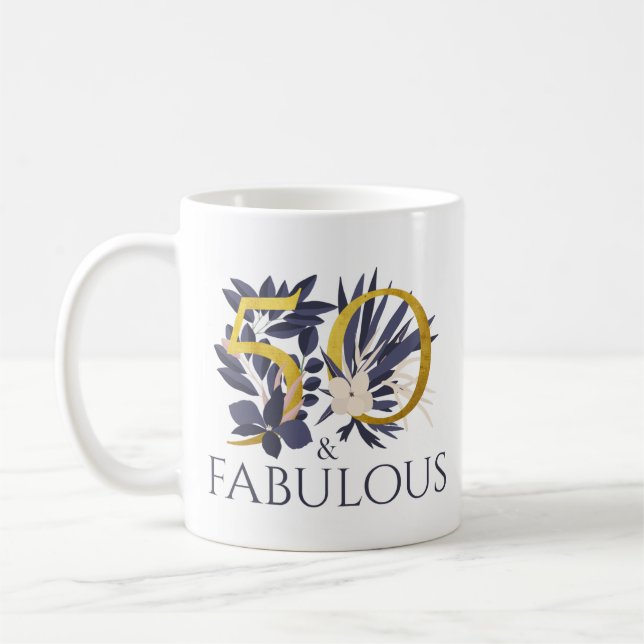 Elegant 50 och Fabulous Blue Guld Birthday Gift Kaffemugg (Vänster)
