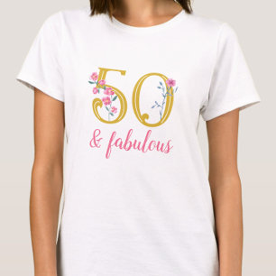 Elegant 50 och Fabulous Guld and Rosa Blommigt T Shirt
