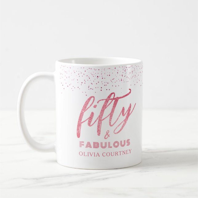 Elegant 50 och Fabulous Rosa Glitter Birthday Gift Kaffemugg (Vänster)