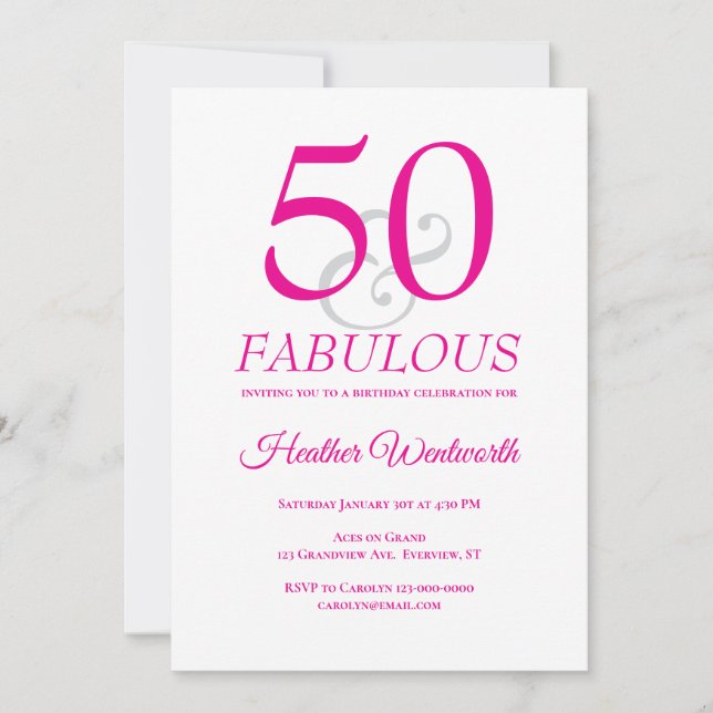 Elegant 50 och fantastisk 50-årsdag rosa inbjudningar (Framsida)