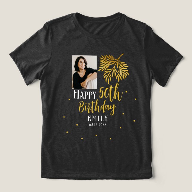 Elegant 50th Birthday Gold Foliage Photo Party T Shirt (Design Framsida)
