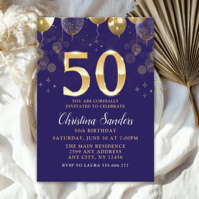 Elegant 50th Birthday Invitation with Gold Ballons Inbjudningar (Skapare uppladdad)