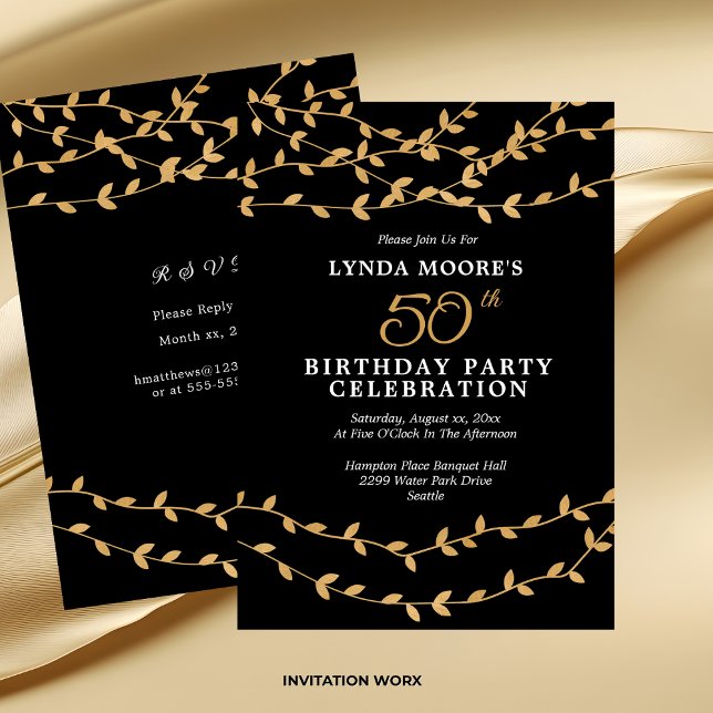 Elegant 50th Birthday Party Gold Leaves on Black Inbjudningar (Elegant 50th Birthday Party Gold Leaves on Black Invitation)