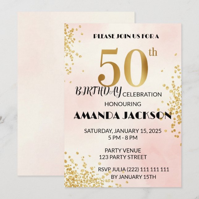 Elegant 50th Birthday Party Invitation Gold & Pink Inbjudningar (Fram/baksida)