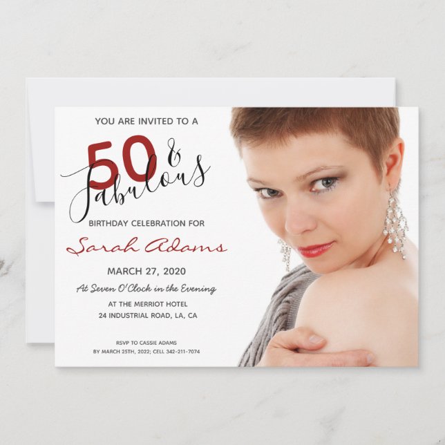 Elegant 50th Fabulous Birthday Photo Red Script Inbjudningar (Framsida)
