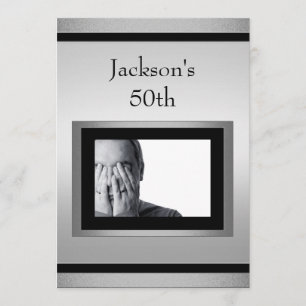 Elegant 50th Male Birthday Silver Black Photo Inbjudningar