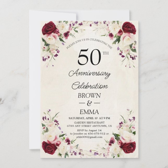 Elegant 50th Wedding Anniversary Floral Celebratio Inbjudningar (Framsida)