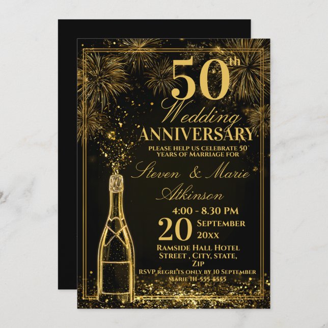 Elegant 50th Wedding Anniversary Gold Bottle Fizz Inbjudningar (Fram/baksida)