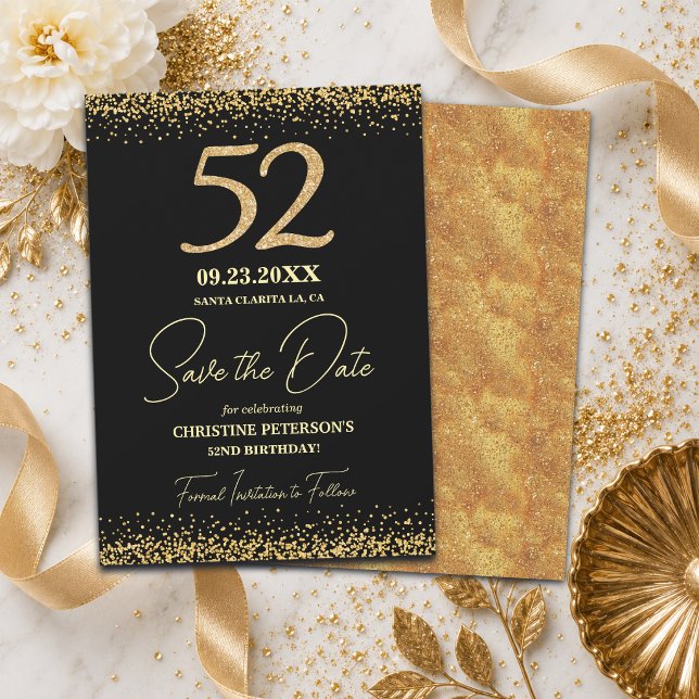Elegant 52:a Svart Guld Glitter Födelsedag Spara Datumet (Skapare uppladdad)