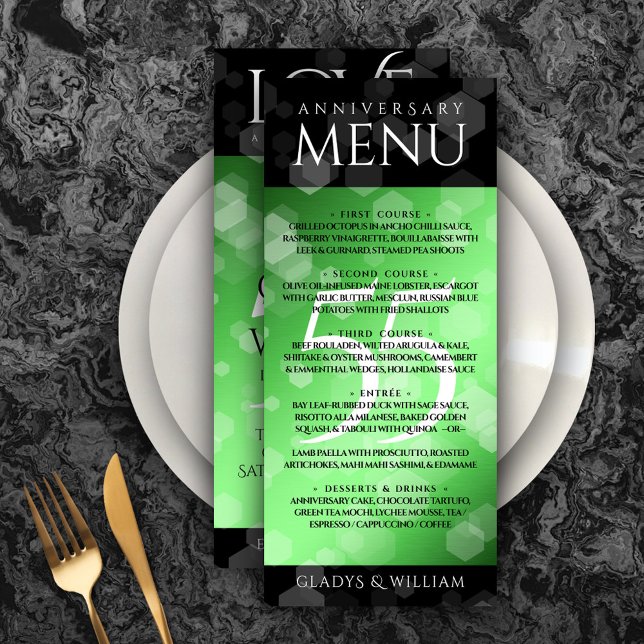 Elegant 55:e Emerald Bröllop-årsdagen Meny (Elegant 55th Emerald Wedding Anniversary Menu Rack Card Cover Photo.)