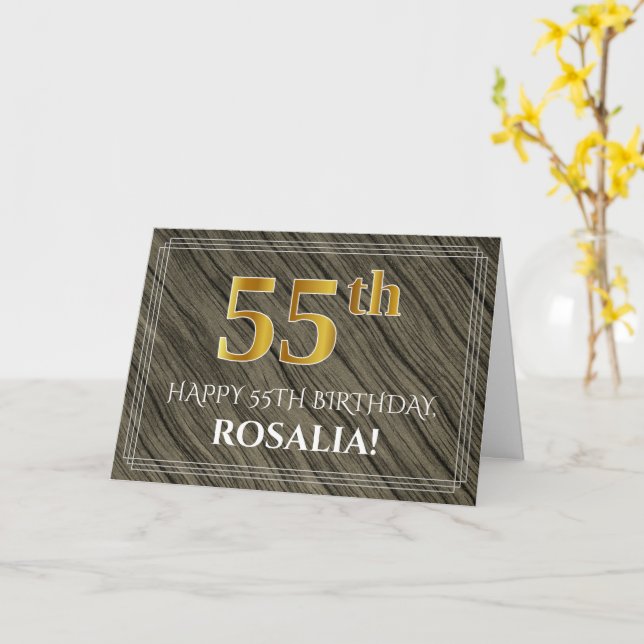 Elegant 55:e födelsedagen: Faux Wood, Faux Guld lo Kort (Gul blomma)
