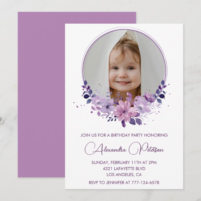 Elegant 5-års födelsedagsinbjudan Foto Floral Boho Inbjudningar (Fram/baksida)