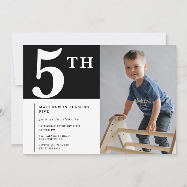 Elegant 5-års inbjudan Svart Pojke Foto (Framsida)