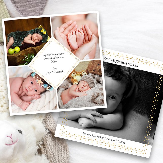 Elegant 5 Foto Guld Dot & Dash Birth Notice Meddelande (5 Photo Baby Birth Announcement. Buy printed or as a printable digital download)