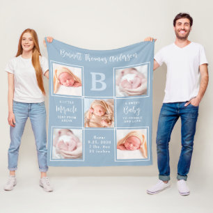 Elegant 5 Fotokollage Nyfödd bebis Boy Birth Stats Fleecefilt