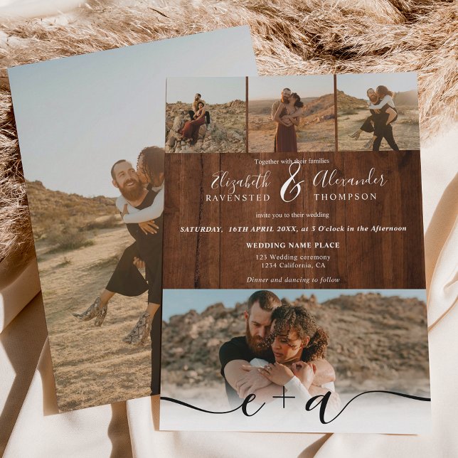 Elegant 5 Foton, modernt skript, bröllop, rustiskt Inbjudningar (Elegant 5 Photos modern script wedding rustic wood Invitation)