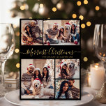 Elegant 5 Photo Collage Merriest jul Julkort<br><div class="desc">Modern Calligraphy Script Black och Guld 5 Photo Collage God jul Helgdag Card för Elegant. Den här snygga, minimalistiska, viskösa 5 (5) fotokortmallen Julhälsningar ett söt-rutnätsfotokollage och säger "God jul"! Texten "God jul" i hälsning är skriven i ett vackert handskrivet skript som snabbt byts ut mot svan i guld mot...</div>