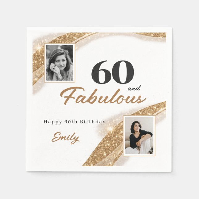 Elegant 60 and Fabulous Gold Photo Birthday Party Pappersservett (Framsidan)