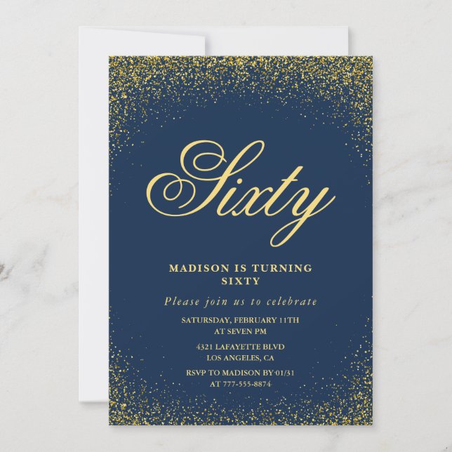Elegant 60-års inbjudan Guld Navy Glam (Framsida)