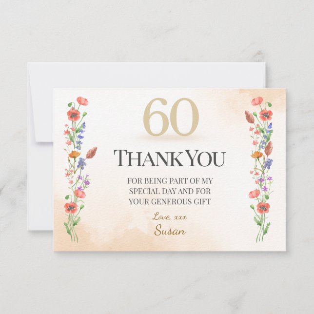 Elegant 60-årsdag - Blommig vildblomsdesign Tack Kort (Framsida)
