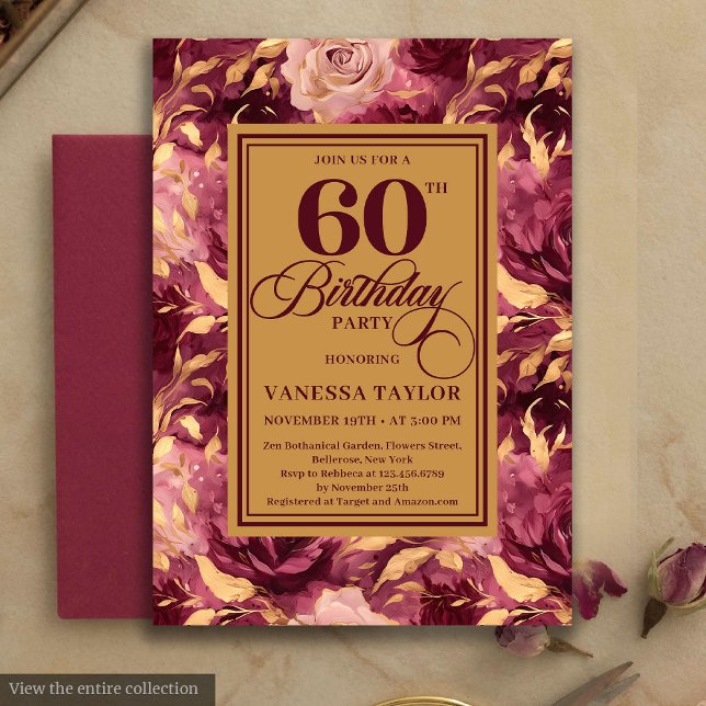 Elegant 60-årsdag Burgundy Roséguld Blommig  Inbjudningar (Watercolor 60th birthday invitation with burgundy and blush roses, gold leaves, and boho style, prof)
