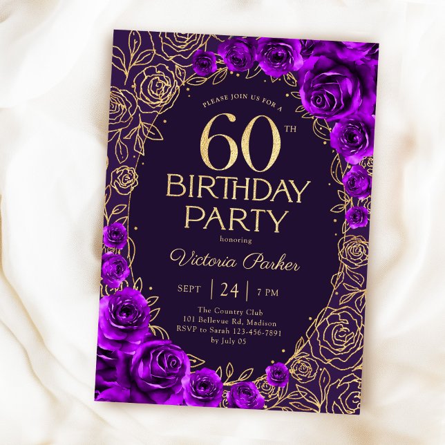 Elegant 60-årsdag Lila Guld Blommig Inbjudningar (Skapare uppladdad)