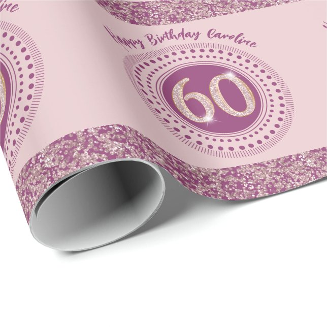 Elegant 60-årsdag Rose Guld Glitter & Ränder Presentpapper (Rullad Hörn)