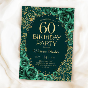 Elegant 60-årsdag Smaragdgrön Guld Blommig Inbjudningar