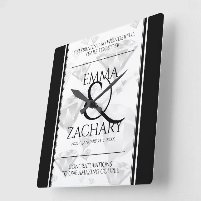 Elegant 60:e årsdagen 75:e Diamond Bröllop Fyrkantig Klocka (Vinkel)