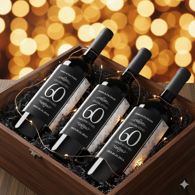 Elegant 60:e Diamond Bröllop-årsdagen Vinflaska Etikett (60th Diamond Wedding Anniversary Wine/Liquor Drink Labels Cover Photo)