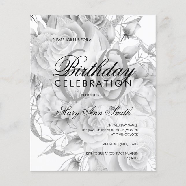 Elegant 60:e födelsedag Blommigt Silver White Inbj Flygblad (Framsidan)