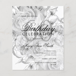 Elegant 60:e födelsedag Blommigt Silver White Inbj Flygblad