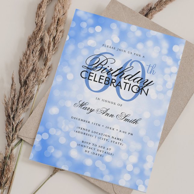 Elegant 60:e födelsedag Glam Navy Blue Shimmer Lig Inbjudningar (Elegant 60th Birthday Glam Navy Blue Shimmer Light Invitation)