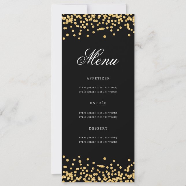 Elegant 60:e födelsedag Menu Guld Black Confetti Inbjudningar (Baksida)