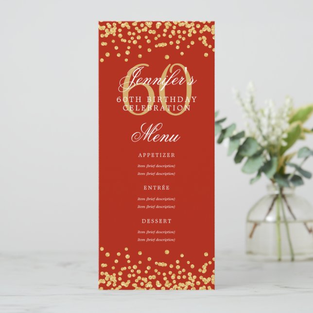 Elegant 60:e födelsedag Menu Guld Red Confetti Inbjudningar (Stående Fram)