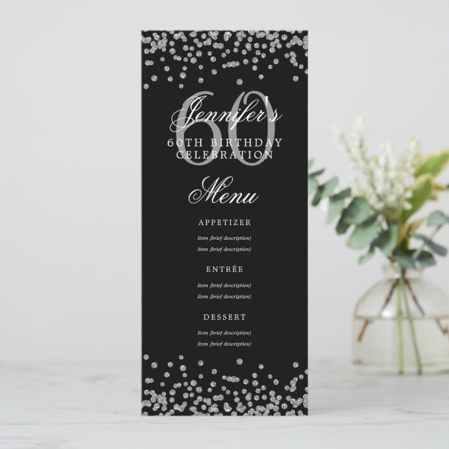 Elegant 60:e födelsedag Menu Silver Black Confetti Inbjudningar (Stående Fram)