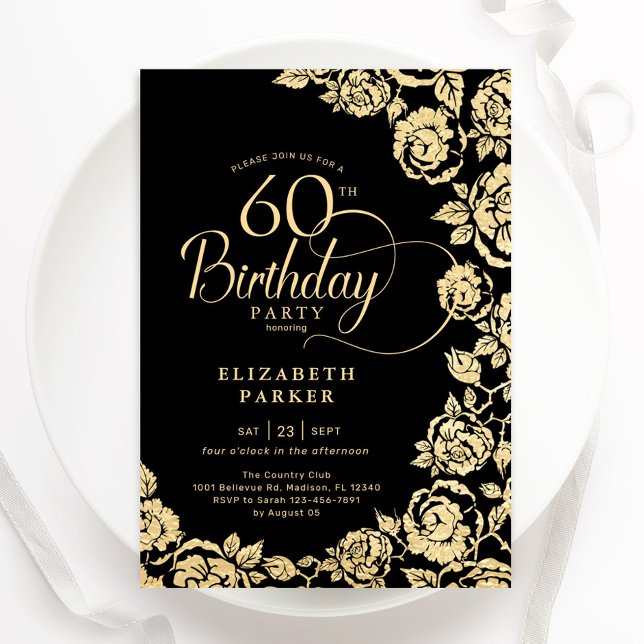 Elegant 60:e födelsedag Svarta Guld Ro Inbjudningar (Skapare uppladdad)