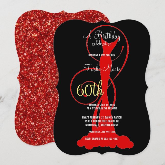 Elegant 60:e Födelsedagsfesten Formal Red Dress Inbjudningar (Fram/baksida)