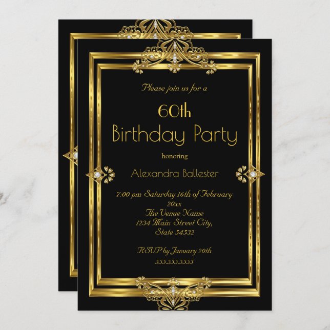 Elegant 60:e Födelsedagsfesten Foto Black Guld Gem Inbjudningar (Fram/baksida)