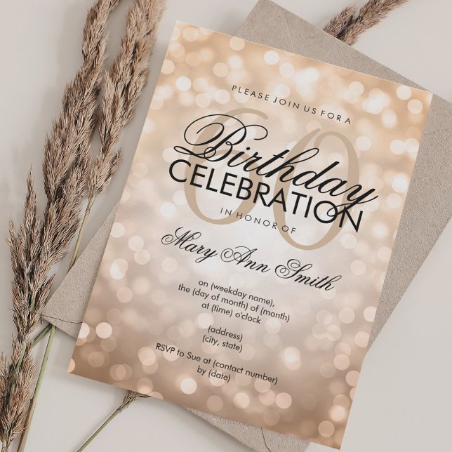 Elegant 60:e Födelsedagsfesten Koppar Glitter Ljus Inbjudningar (Elegant 60th Birthday Party Copper Glitter Lights Invitation)