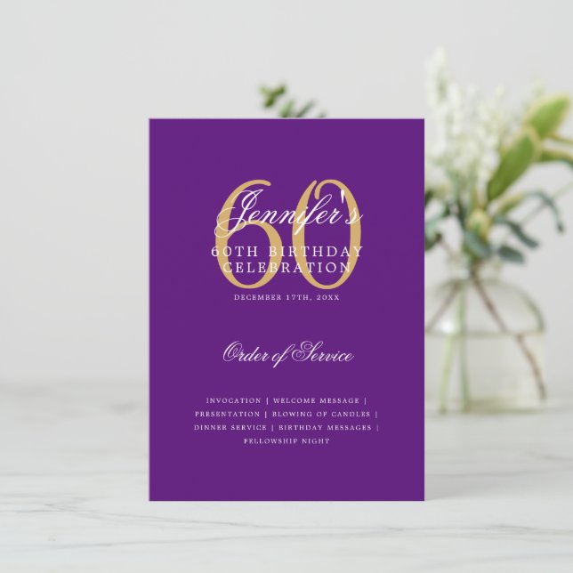 Elegant 60:e födelsedagsprogrammet Guld Lila Menu Inbjudningar (Stående Fram)