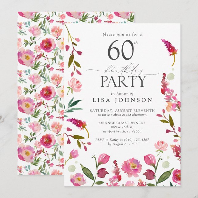 Elegant 60:e Rosa Vattenfärgsdagen Blommigt födels Inbjudningar (Fram/baksida)