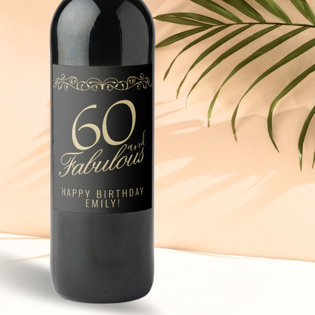 Elegant 60 och Fabulous Ornament 60 Birthday Vinflaska Etikett (Skapare uppladdad)