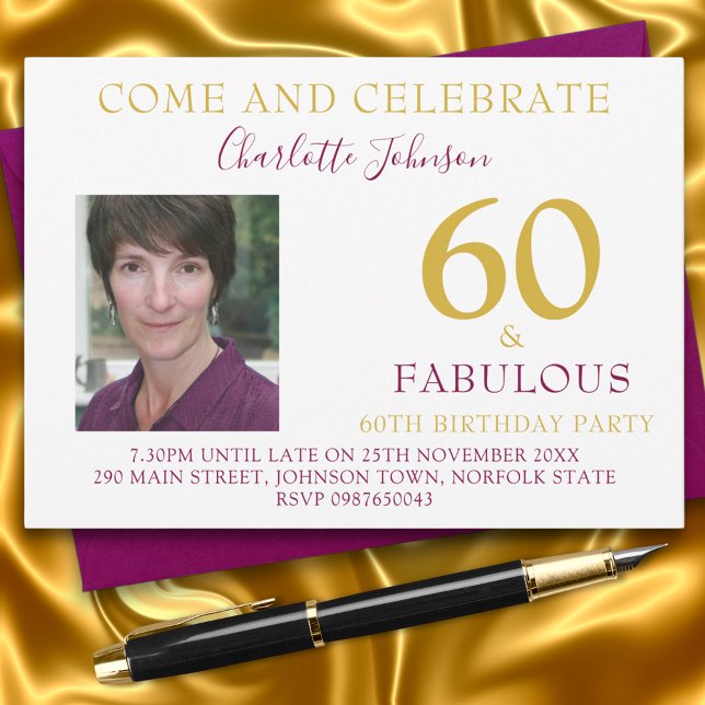 Elegant 60 och Fabulous Photo 60-årsdagen Inbjudningar (60 & Fabulous elegant burgundy and gold 60th birthday party invitation with photo template)