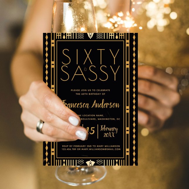 Elegant 60 och Sassy Black Guld Art Deco 60:e Inbjudningar (Sixty and Sassy Elegant Art Deco Birthday)
