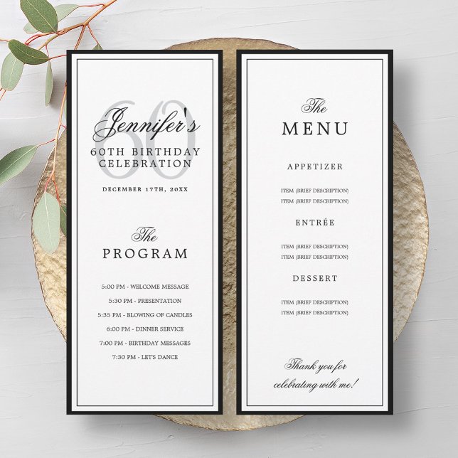 Elegant 60th Birthday Party Program + Menu  (Elegant 60th Birthday Party Program + Menu)
