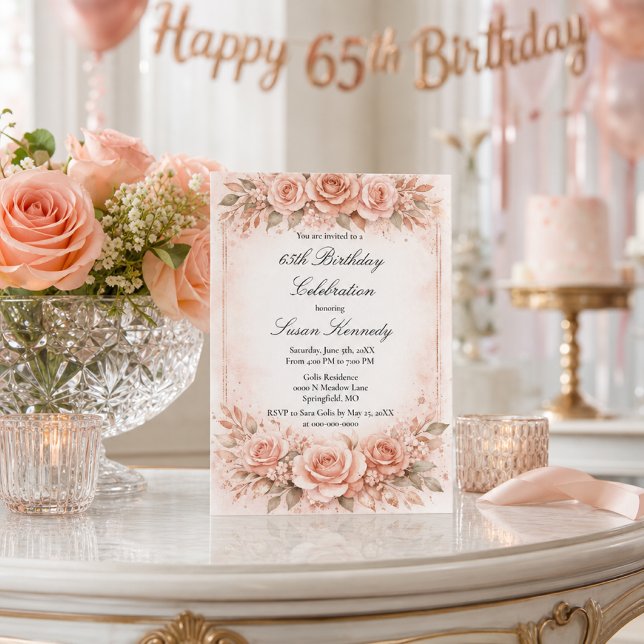 Elegant 65-årsjubileum Blush Rose Födelsedag  Inbjudningar (Skapare uppladdad)