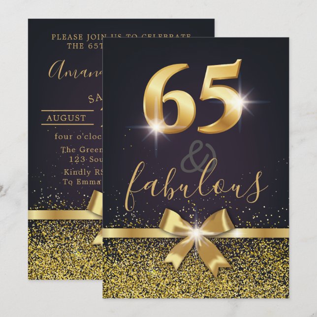 Elegant 65 & Fabulous Guld Glitter 65e Birthday Inbjudningar (Fram/baksida)