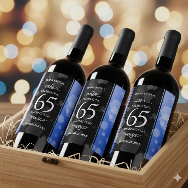 Elegant 65e Blue Sapphire Bröllop-årsdagen Vinflaska Etikett (65th Blue Sapphire Wedding Anniversary Wine/Liquor Drink Label Cover Photo)