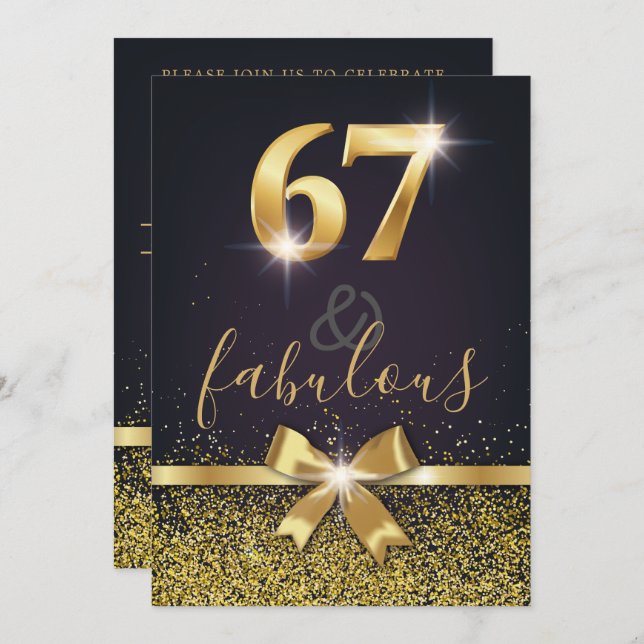 Elegant 67 & Fabulous Guld Glitter 67:e födelsedag Inbjudningar (Fram/baksida)